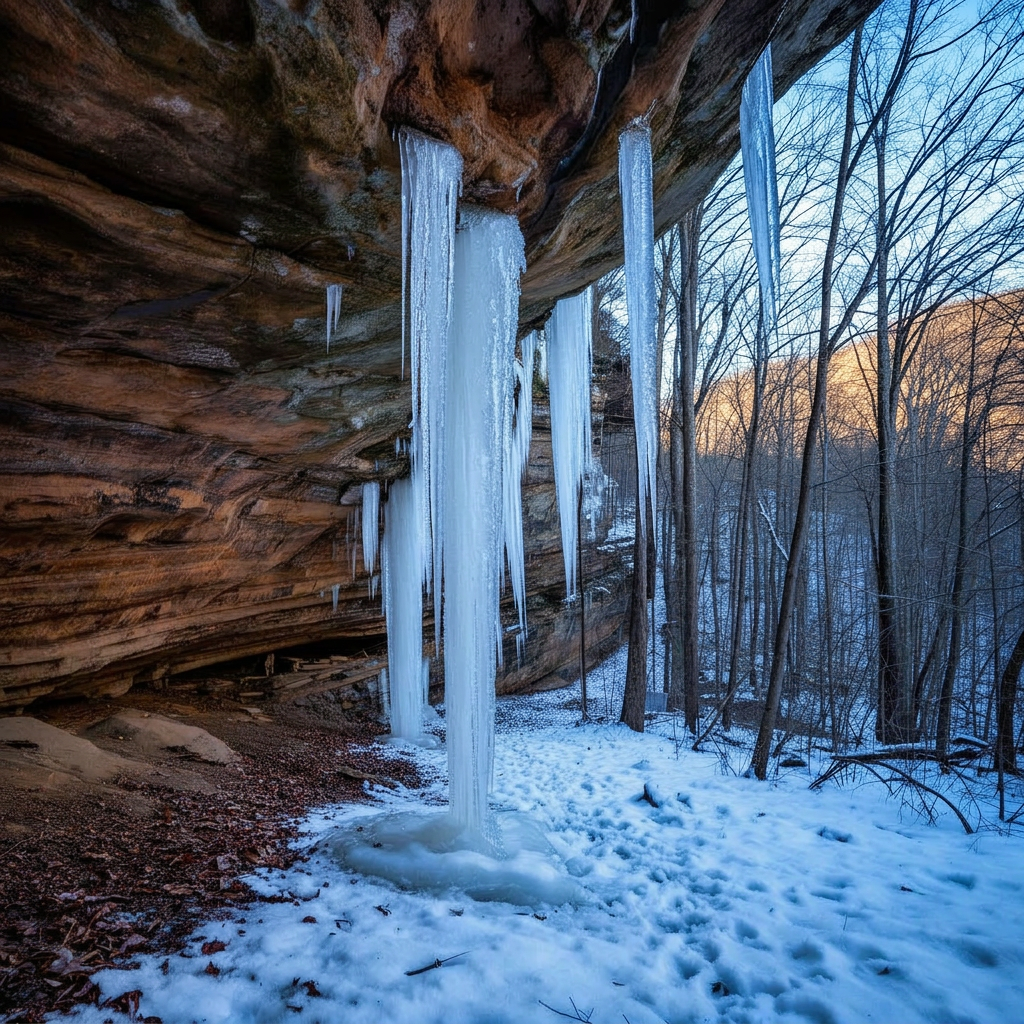 Frozen icicles on sandstone overhang