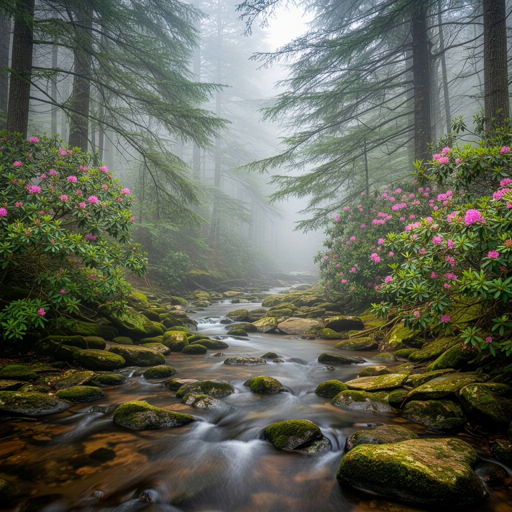 Misty creek winding through the gorge forest