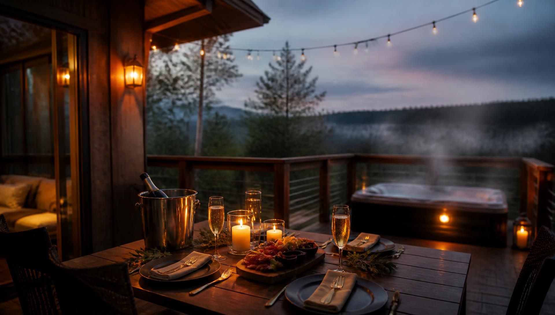 Candlelit cabin deck with a steaming hot tub at dusk in Red River Gorge