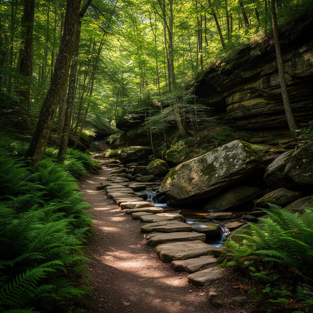 Lush forest trail with creek crossing and stepping stones