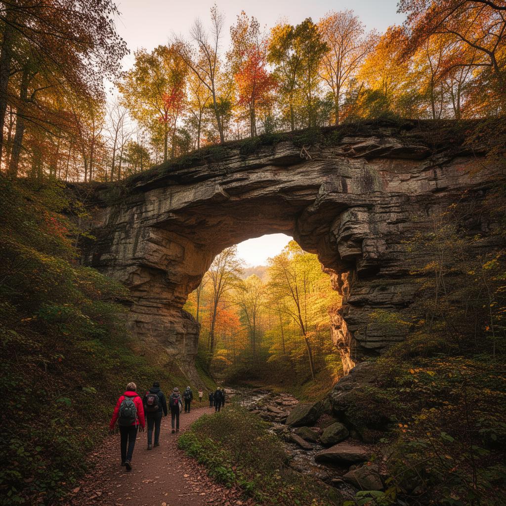 Natural Bridge stone arch formation with hikers walking beneath