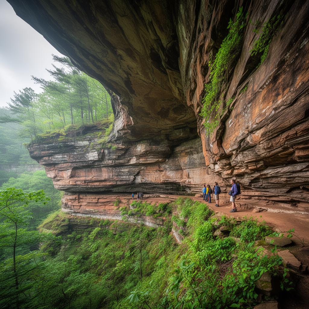 Dramatic rock shelter formation with hikers beneath massive overhang