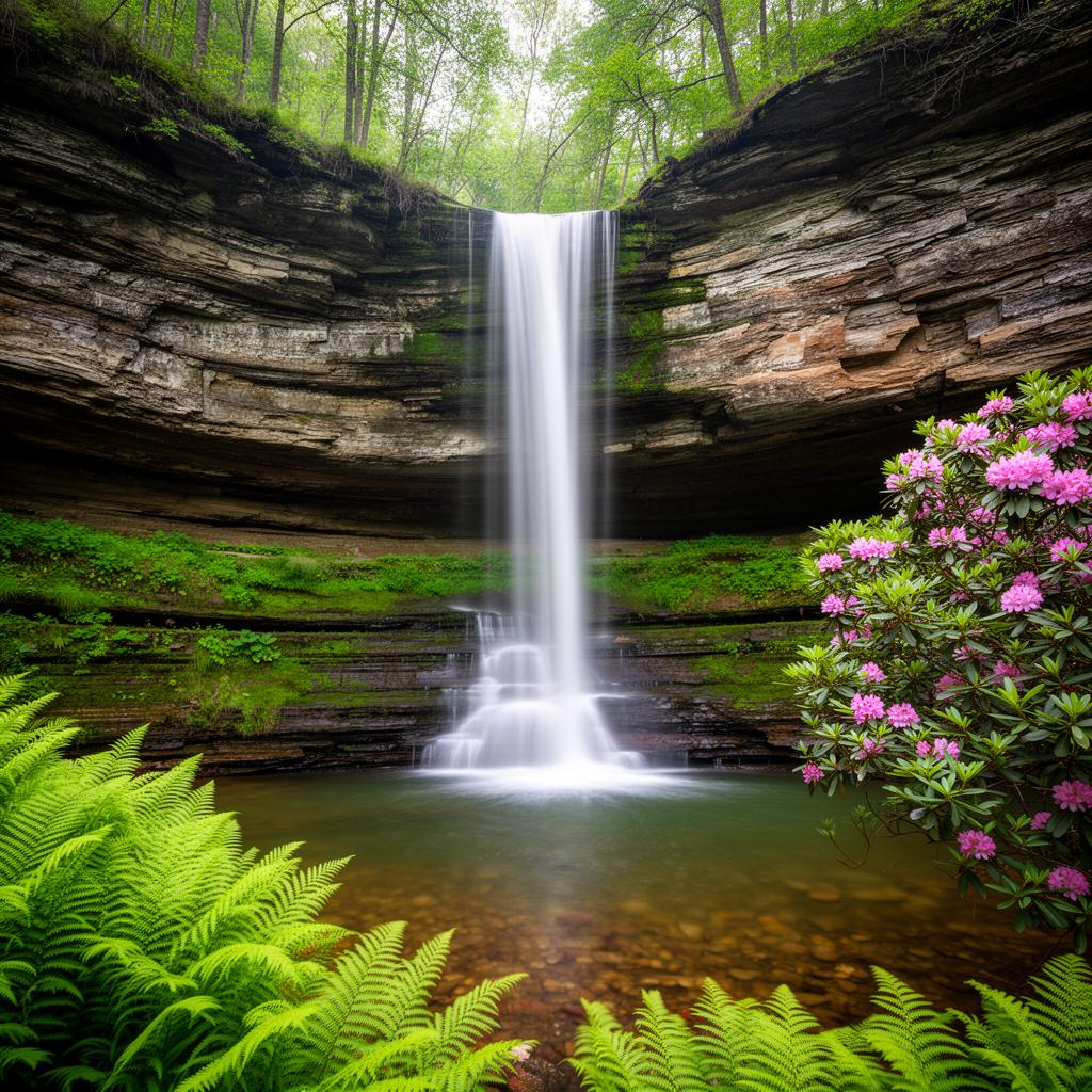 Waterfall cascading down mossy sandstone cliff into a forest pool